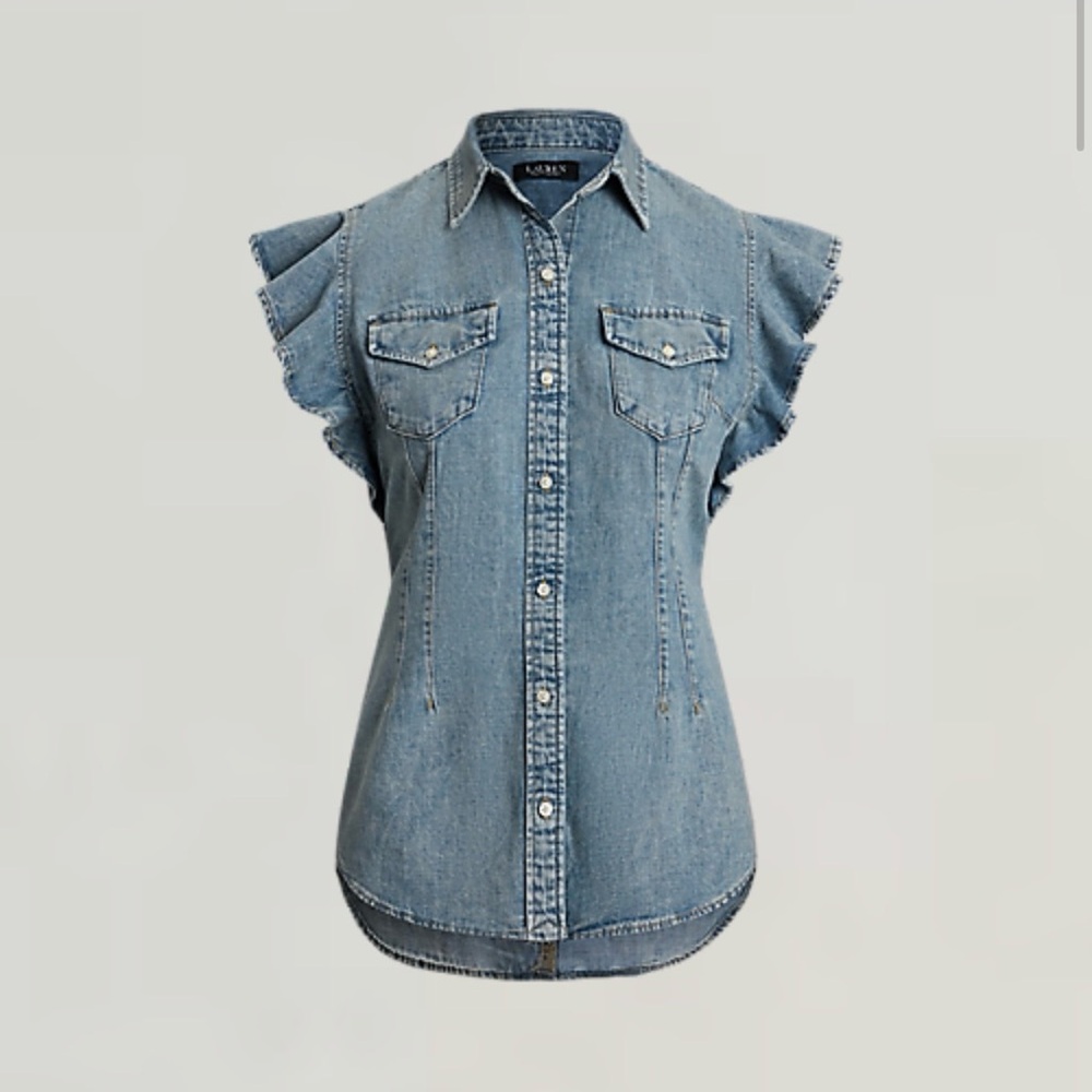 Lauren Ralph Lauren Washed Blur Denim Flutter Sleeve Shirt